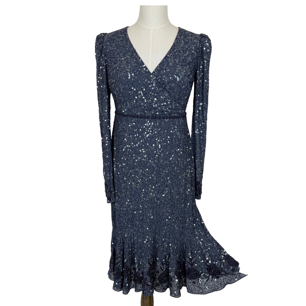 Mac Duggal Beaded Sequin Gown Midi Dress with Embellished Hem Midnight Blue 8